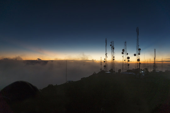 Silhouette of Telcom towers at Volcan Baru during sunset