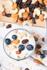 Healthy dessert with yogurt, nuts, oats and blueberries