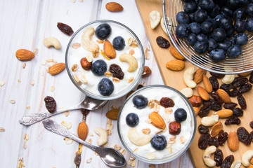 Healthy dessert with yogurt, nuts, oats and blueberries