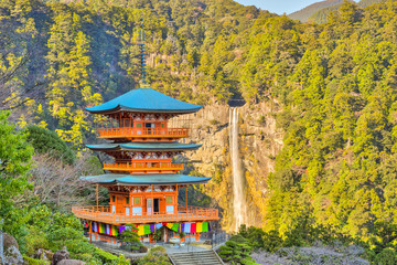 Three-story pagoda with the Nachi Falls in Wakayama Prefecture,