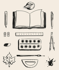 Set School office supplies top view. Open book, apple, pen, watercolor paints, eraser, maple leaf, compass, blot, protractor, ruler, ballpoint pen and brush