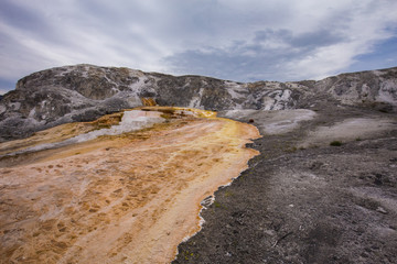 Beautiful cinematic view of nature landscape in the American West under the blue cloudy sky. Geyser.