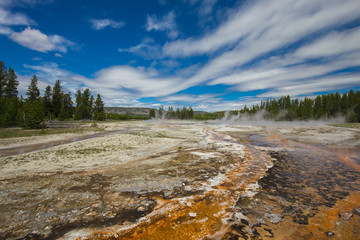 Beautiful cinematic view of nature landscape in the American West under the blue cloudy sky. Geyser.