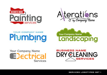 Set of logos logotypes for various services. plumbing, electrical, alterations, landscaping, painting and dry cleaning.