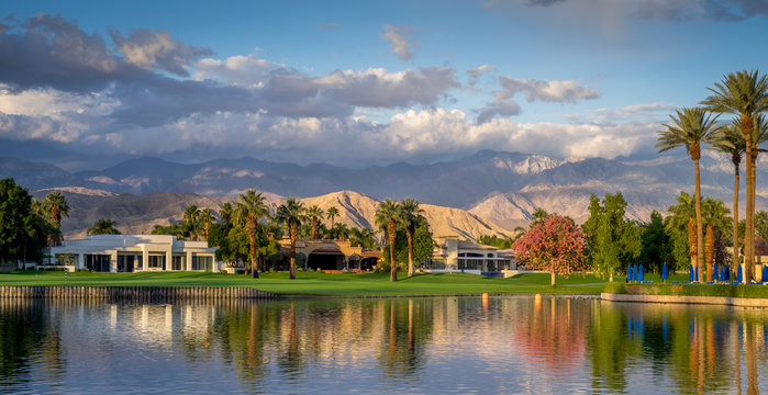 Panorama of a Water feature on a golf course in Palm Desert.