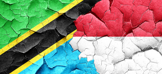 Tanzanian flag with Indonesia flag on a grunge cracked wall