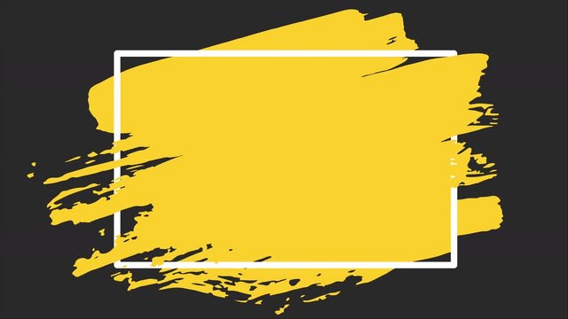 Yellow Brush stroke transition background with square frame. Animation of paint splash in 4K. Digital on-screen graphic footage. Abstract background for ad and presentations. Chroma key black screen.