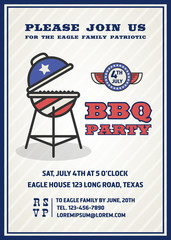 Barbecue's party invitation and response card, fourth of July cerebration, USA Independence day party invitation design with badge and gril. Vector illustration