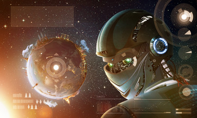 Robot stylish looking back with planet Earth from space. Future technology concept, artificial intelligence. Elements of this image furnished by NASA