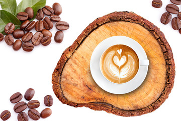 Top view latte art coffee on wood with roasted coffee beans