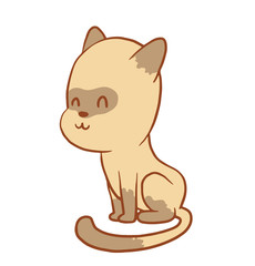 Vector cartoon image of a cute little beige-gray cat sitting with eyes closed and smiling on a white background. Color image with a brown tracings. Kitten. Positive character. Vector illustration.