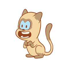 Vector cartoon image of a cute little beige-gray cat sitting with admiring expression on face on a white background. Color image with a brown tracings. Kitten. Positive character. Vector illustration.