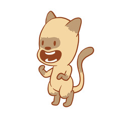 Vector cartoon image of a cute little beige-gray cat standing on hind legs and begging for food on white background. Color image with a brown tracings. Kitten. Positive character. Vector illustration.