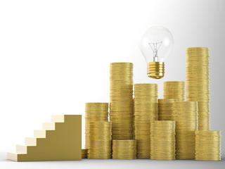 stack of gold coins, ladder and lightbulb