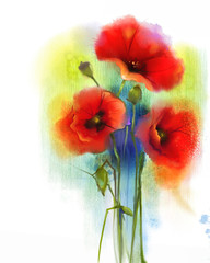 Fototapeta premium Watercolor red poppy flower painting. Hand paint poppies flowers in soft color and blur style, Blue green color background. Hand painted watercolour, Spring floral seasonal nature background
