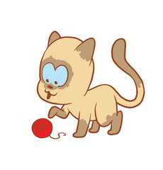 Vector cartoon image of a cute little beige-gray cat playing with a ball of red yarn on a white background. Color image with a brown tracings. Kitten. Positive character. Vector illustration.