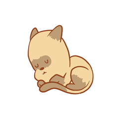 Vector cartoon image of a cute little beige-gray cat sleeping curled up on a white background. Color image with a brown tracings. Kitten. Positive character. Vector illustration.