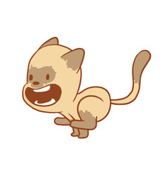 Vector cartoon image of a cute little beige-gray cat running at full speed with his mouth open on a white background. Color image with a brown tracings. Kitten. Positive character. Vector illustration