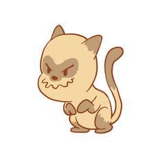 Obraz premium Vector cartoon image of a cute little beige-gray cat sitting and plotting something tricky on a white background. Color image with a brown tracings. Kitten. Positive character. Vector illustration.