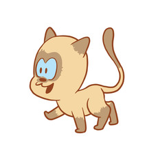 Vector cartoon image of a cute little beige-gray cat walking somewhere and smiling on a white background. Color image with a brown tracings. Kitten. Positive character. Vector illustration.