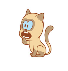 Vector cartoon image of a cute little beige-gray cat sitting and begging for food on a white background. Color image with a brown tracings. Kitten. Positive character. Vector illustration.