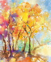 Watercolor painting colorful landscape. Semi- abstract watercolor landscape image of tree in yellow, orange and red with blue sky background. Spring, summer season nature watercolor background