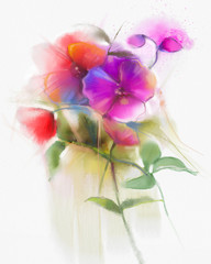 Obraz premium Abstract watercolor flowers painting. Hand paint still life pink and red orchid flower / floral in soft white yellow, green watercolor background. Spring flower nature background