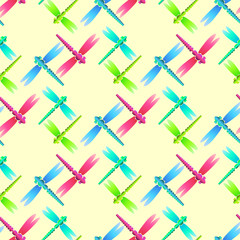 dragonfly green blue pink white seamless pattern