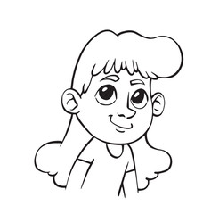 Vector cartoon image of a smiling little girl's head with big eyes and with wavy blond hair on a white background. Made in a monochrome style. Vector illustration.