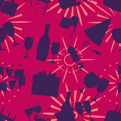 Celebration seamless pattern with fireworks drinks giftbox silhouette vector