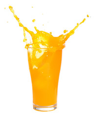 Orange juice splashing out of glass., Isolated white background.