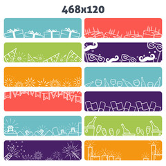 Celebration web banners vector set with cake firework drinks giftbox