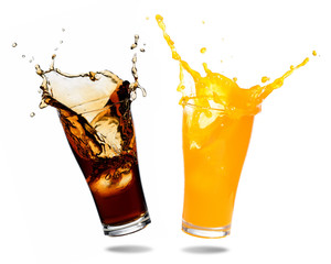 Orange juice and cola splashing out of glass., Isolated white background.