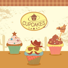Illustration vector of cupcakes with cowboy theme concept party.Design for Bakery cafe or cakes shop.