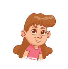 Vector cartoon image of a smiling little girl's head with big eyes and with wavy brown hair on a white background. The color image with a brown stroke. Vector illustration.