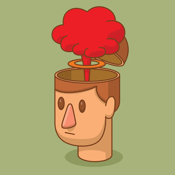Vector cartoon image of the head of a man with brown hair and with an open braincase from which appears a red cloud of a nuclear explosion on a green background. Blow your mind. Vector illustration.