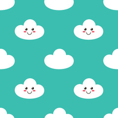 Funny cartoon smiling clouds seamless pattern background.