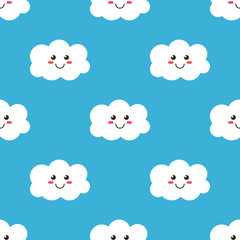 Funny cartoon smiling clouds seamless pattern background.
