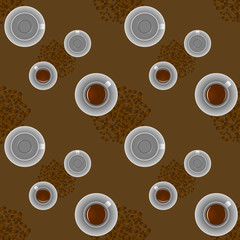 coffee cup and coffee seeds on brown seamless pattern