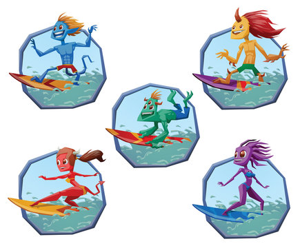 Vector set of blue round frames with cartoon images of different colors females and males monsters of surfing standing on surfboards on the blue sea waves in the center on a white background.