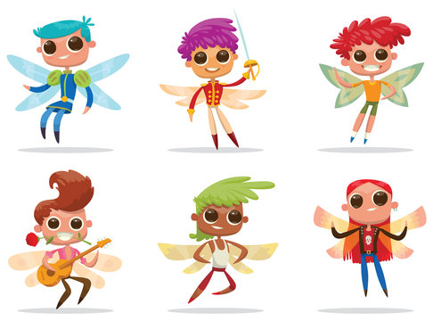 Vector set of cartoon images of cute male fairies with big eyes, butterfly wings and with different hair color on a white background. Positive characters. Vector illustration.