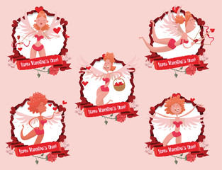 Vector set of red round frames with banners, roses, doves, heart symbols and with cartoon images of five sexy female cupids with wings in bikini on a pink background. In the theme of Valentine's Day.