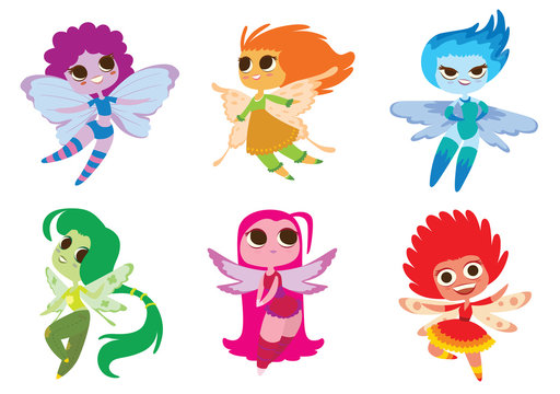 Vector set of cartoon images of cute female fairies with big eyes, butterfly wings and with different hair color on a white background. Made in a flat style. Positive characters. Vector illustration.