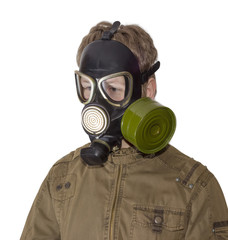 Man in a gas mask on a light background