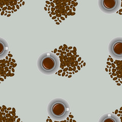 coffee cup and coffee seeds on grey seamless pattern.