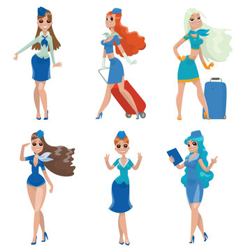 Vector set of cartoon images of beautiful stewardesses with a different hair color, in different clothes and standing in various poses on a white background. Airline. Vector illustration.