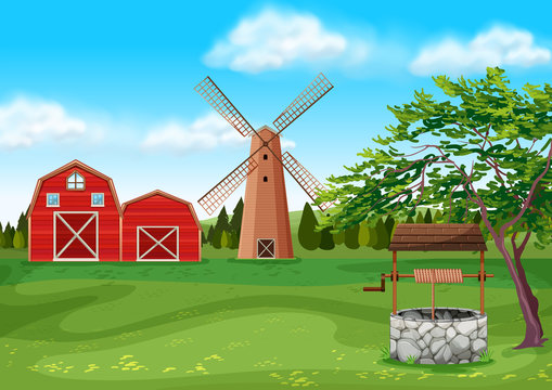 Barns and windmill in the farmyard