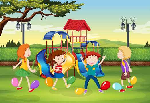 Children playing balloon popping in the park