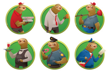 Fototapeta premium Vector set of round green frames with cartoon images of cute sloths in different occupations: a pizza deliveryman, office worker, plumber, waiter, policeman and postman on a white background. Parody.