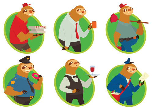 Vector set of oval green frames with cartoon images of cute sloths in occupations: a pizza deliveryman, office worker, plumber, waiter, policeman and postman on a white background. Made in flat style.